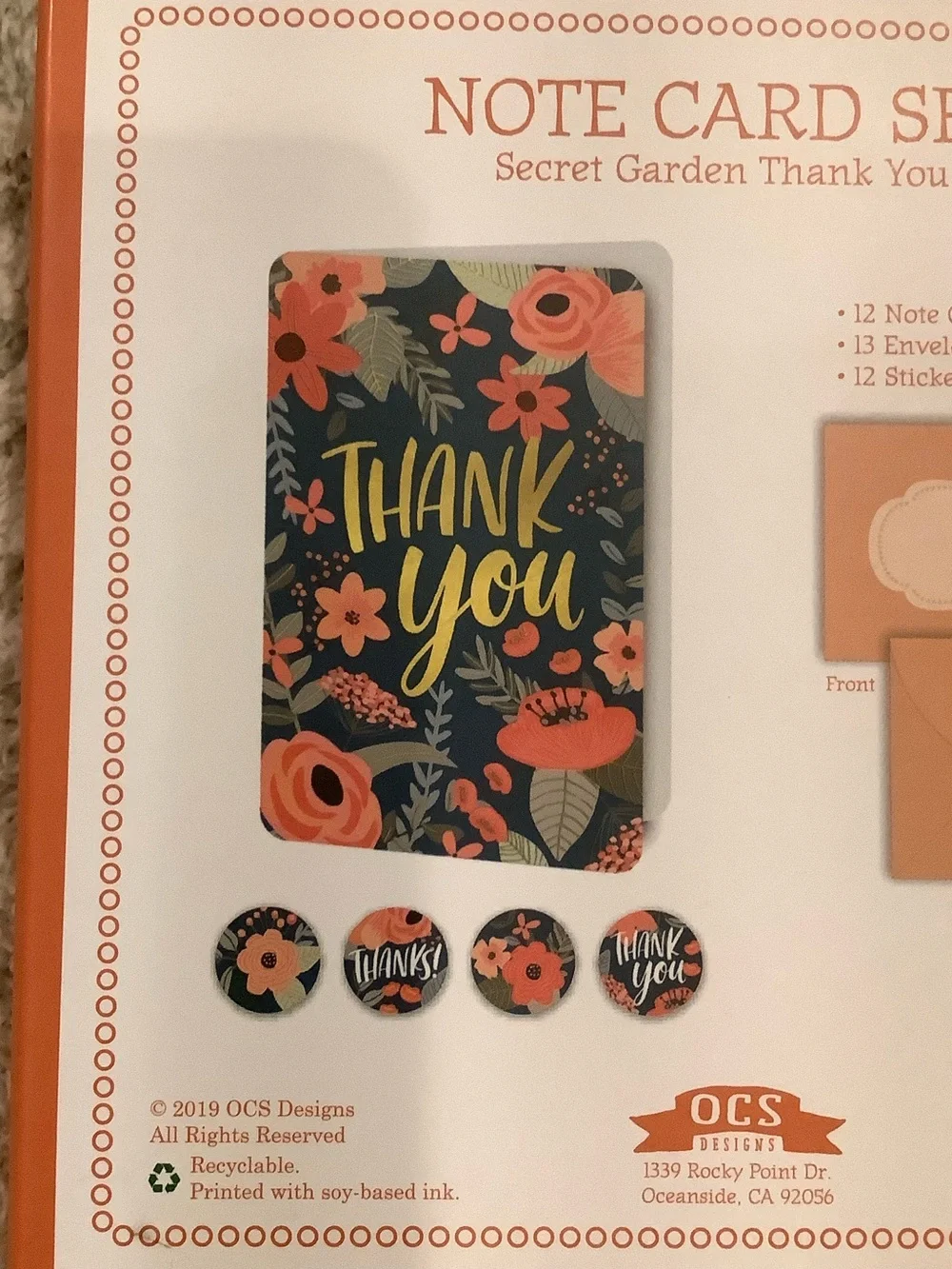 Thank You Boxed Floral Note Cards & Sticker Set of 12 NWT OCS Designs
